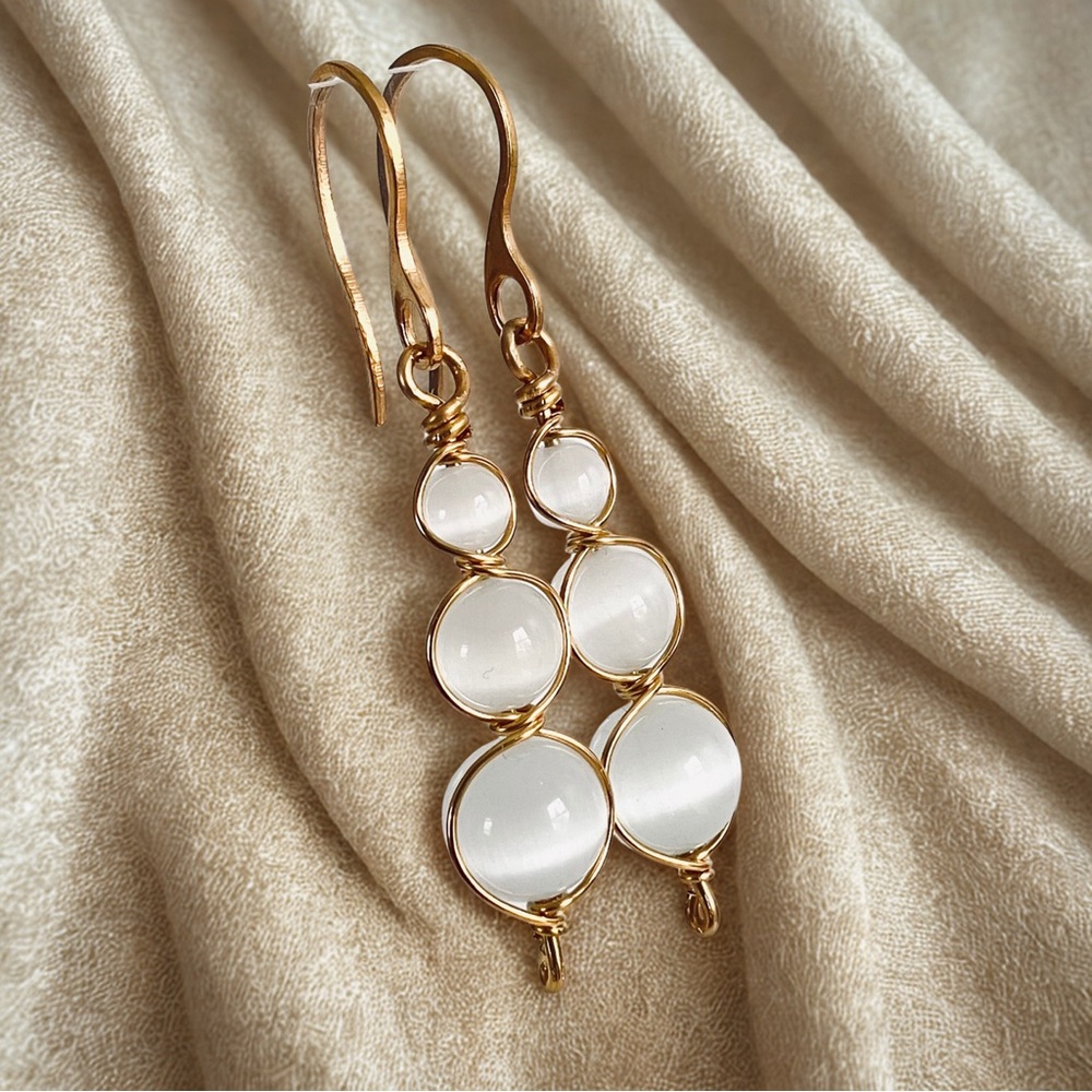 Artisan, handmade, natural selenite graduated stack earrings wire wrapped